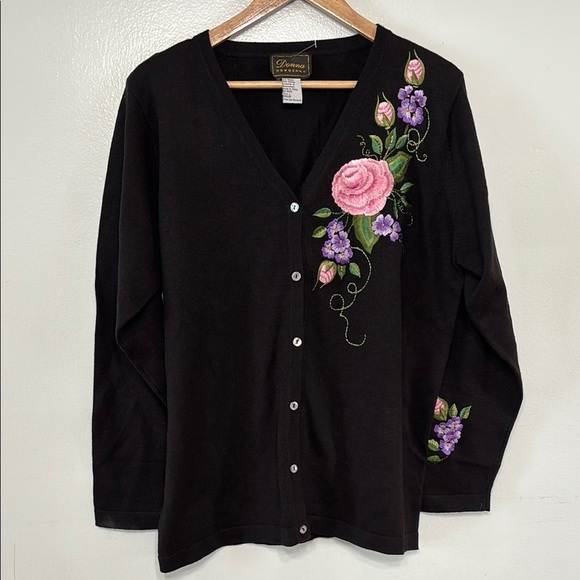 Vintage Sweaters - Vintage Donna Dewberry Black Floral Embroidered Cardigan Size L